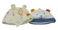 2x čepice - bílo-modrá čepice s medvědem + smetanová čepice s tygrem a prasátkem 