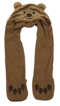 Hnědá plyšová podšitá čepice s šálou - medvěd 