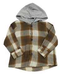 Hnědo-smetanová kostkovaná košile s šedou kapucí 