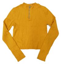 Okrový rebrovaný ľahký crop sveter so zipsom H&M