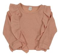 Růžové žebrované úpletové triko s volánky Shein