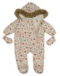 Bílo-růžová květovaná šusťáková zimní kombinéza s kapucí + rukavice F&F