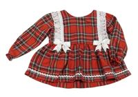 Červeno-zeleno-modrá kostkovaná šatová tunika krajkou a mašlemi 