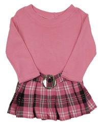 Ružová svetrová tunika s kostkovaným prvkem a opaskom