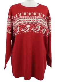 Dámský červeno-bílý vzorovaný svetr s ptáčky 
