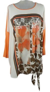 Dámska oranžovo-bielo-hnedá vzorovaná tunika s potlačou a uzlom Samoon
