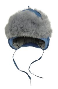 Modro-sivá šusťákovo/kožešinová zateplená čapica