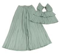 2set - Zelenkavé plisované široké kalhoty + crop top Shein