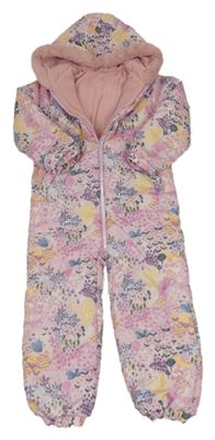 Svetloružová kvetovaná šušťáková zimná kombinéza s kapucňou zn. Dunnes