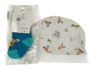 2set - Bílá čepice se zvířaty + modré ponožky s včelou - nové