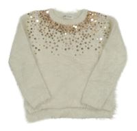 Smetanový chlupatý svetr s flitry a pajetkami H&M