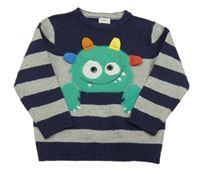Tmavomodro-sivý pruhovaný sveter s príšerkou F&F