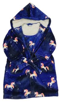 Tmavomodrý chlupatý župan s jednorožci a kapucí Bluezoo