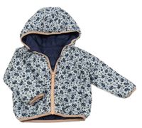 Bílá šusťáková prošívaná zimní bunda s kytičkami a kapucí Vertbaudet