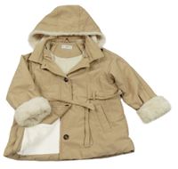 Béžová šusťáková zateplená bunda s páskem a kapucí Mango