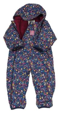 Tmavomodrá šusťáková jarní kombinéza s kytičkami a kapucí Jojo Maman Bébé