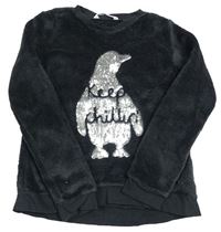 Čierna chlpatá mikina s tučňáčkem z flitrů s nápismi H&M