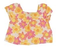 Bílo-růžovo-oranžovo/žlutá květovaná krepová crop halenka PRIMARK