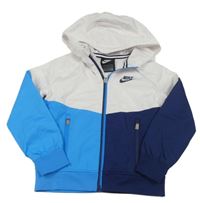 Bílo-modro-tmavomodrý šusťákový podzimní bomber s logom a kapucňou Nike