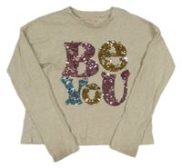 Světlebéžovo/šedé melírované tričko s nápisem z překlápěcích flitrů zn. F&F