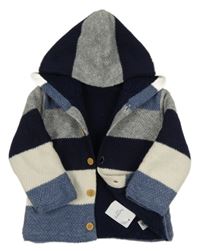 Nové - modro-bielo-tmavomodro-sivý pruhovaný melírovaný prepínaci zateplený sveter s kapucňou zn. Nutmeg