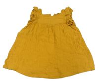 Horčicové mušelínové šaty s volánikmi