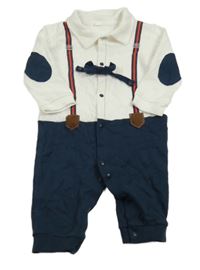 Tmavomodro-biela tepláková slávnostná kombinéza s trakami a motýlkom a golierikom