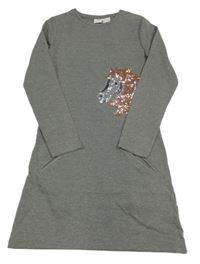 Sivé melírované teplákové šaty s koníkem z flitrů manguun