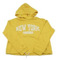 Tmavožltá crop mikina s nápismi a kapucňou H&M