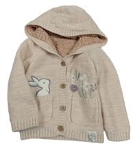 Pudrový melírovaný propínací zateplený svetr s králíčkem a kytičkami a třpytkami a kapucí Nutmeg