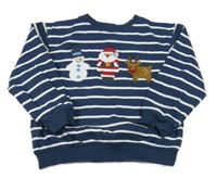 Tmavomodro-biela pruhovaná oversize vianočná mikina so Santou a sobom a sněhuláčkem Next