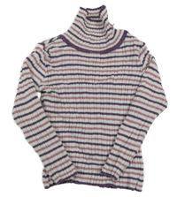 Smetanovo-starorůžovo-tmavofialový pruhovaný rebrovaný svetrový rolák Nutmeg