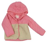 Růžovo-smetanová šusťákovo/huňatá zateplená bunda s prošíváním a kapucí Topomini