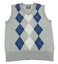 Sivo-tmavomodro-biela melírovaná károvaná vlnená vesta s výšivkou H&M