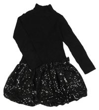 Černé žebrované svetrovo/tylové balonové šaty s flitry a mašlí a rolákem Jillian's Closet