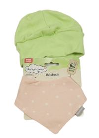 Nové - Zelená čepice + světlerůžový šátek s květy z