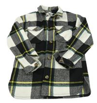 Čierno-bielo-žlto-tmavozelená kockovaná vlnená košeľová bunda H&M