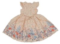 Světlerůžové plátěné šaty s kytičkami a volánky a páskem Topolino