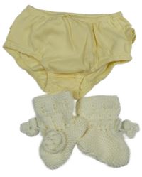 2Set - Světležluté kalhotky na plenky s mašličko a kanýrky Nutmeg + smetanové pletené bačkory vel. 15