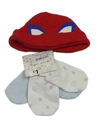 3set - Červená bavlněná čepice - Spiderman + světlemodré rukavičky + bílé s hvězdami