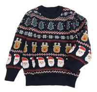Tmavomodrý vzorovaný sveter so Santy a sobmi Primark