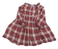 Béžovo-červeno-tmavomodré kockované flanelové prepínaci šaty s volánikmi M&S