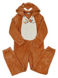 Hnedo-biela chlpatá kombinéza s výšivkami květin a kapucí - líška