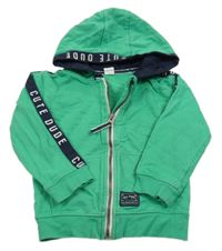 Zelená propínací mikina s pruhy na rukávech s nápisy a kapucí