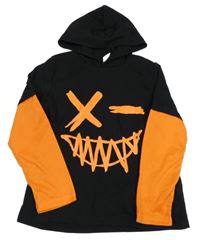 Čierno-oranžové tričko so smajlíkom a kapucňou Shein