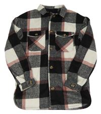 Černo-bílo-starorůžová kostkovaná vlněná košilová bunda H&M