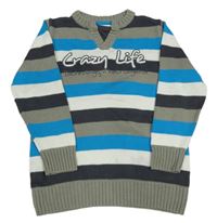 Modro-hnedo-smotanový pruhovaný sveter s nápisom Topolino