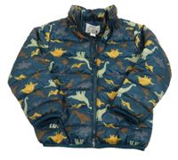 Tmavozelená šusťáková prošívaná zateplená bunda s dinosaury Lupilu