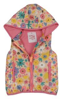 Ružovo-farebná kvetovaná šušťáková zateplená vesta s kapucňou Tu