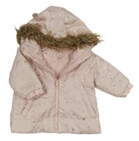 Světlerůžová šusťáková zateplená bunda se zlatými srdíčky a kapucí Ergee